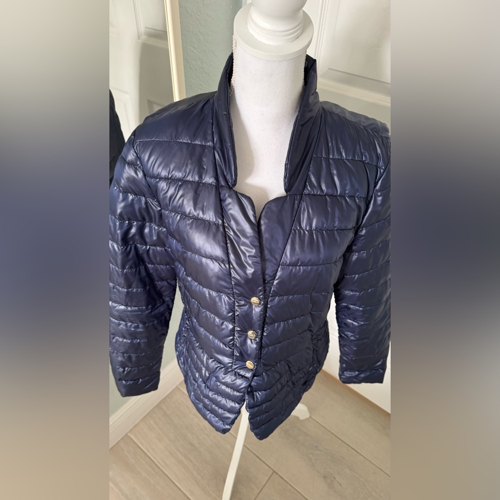Marella Italy Navy Lightweight Quilted Puffer Jacket Gold Snap Buttons Size 12